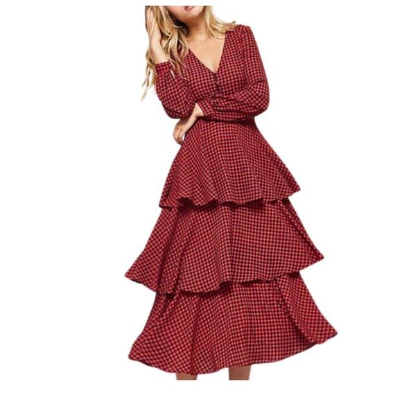 Promesa U.S.A. Dresses & Skirts - Promesa Red Black Button Down Ruffled Gingham Maxi Tiered Dress women Sz Medium